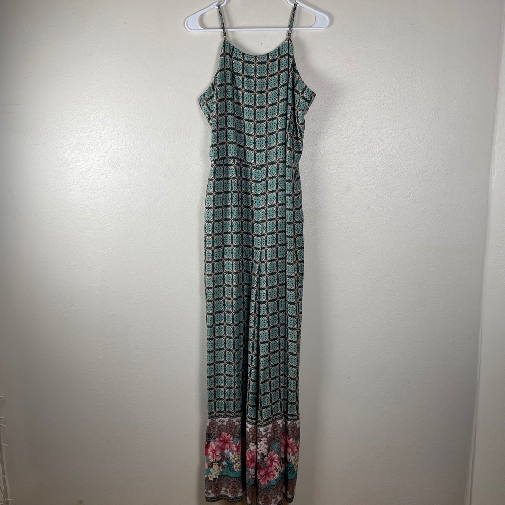 Farm Rio Womens Large Geometric Floral Print Wide Leg Jumpsuit Green Pink